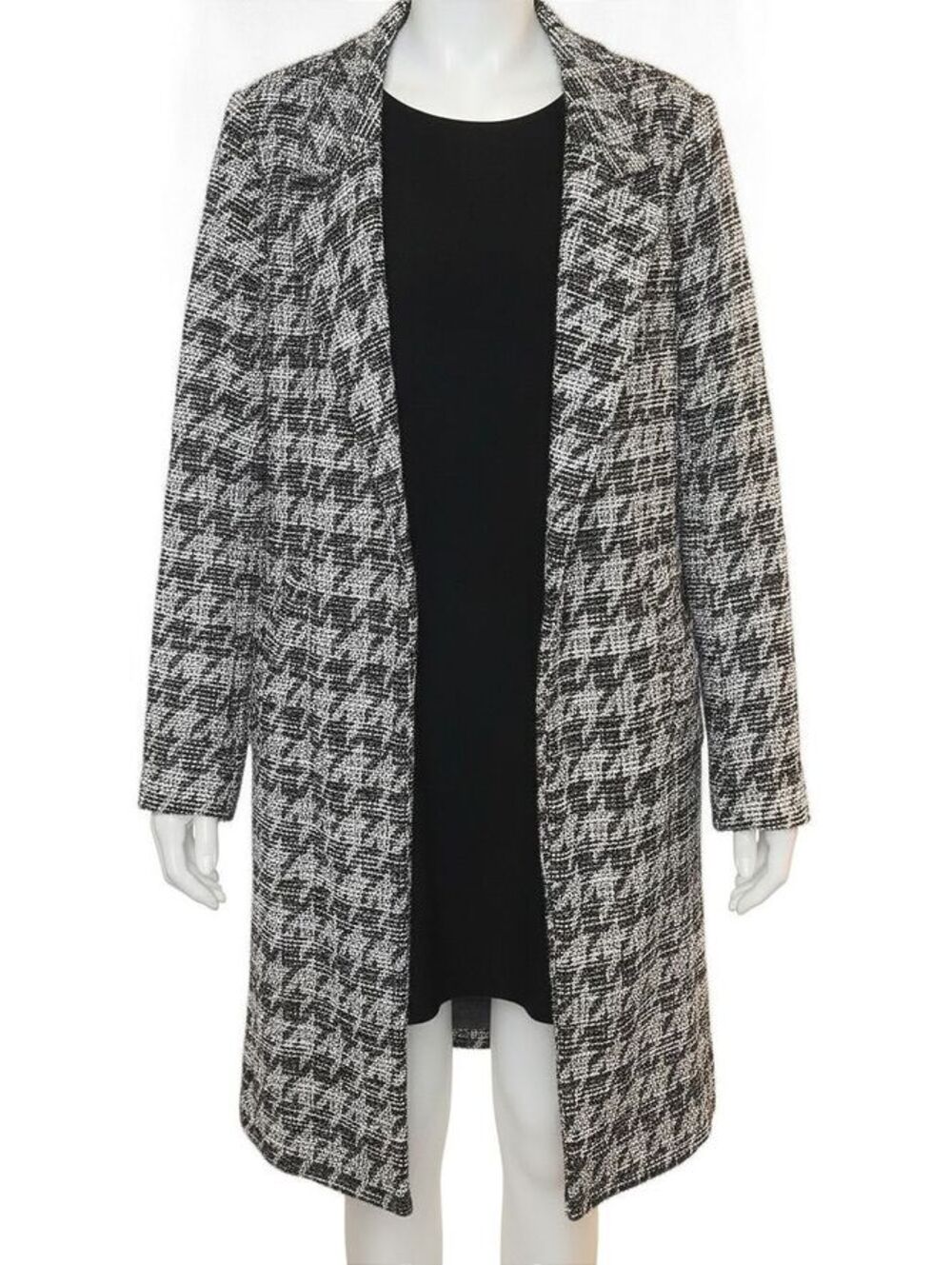 Melloday Houndstooth Longline Coatigan Blazer Size S Black White Tweed Knit
